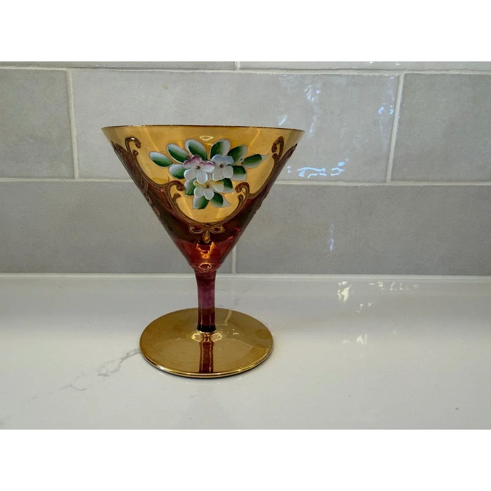 Vtg Murano Cranberry Glass‎ Gold 3D Enamel Floral Martini Goblet Venetian Glass